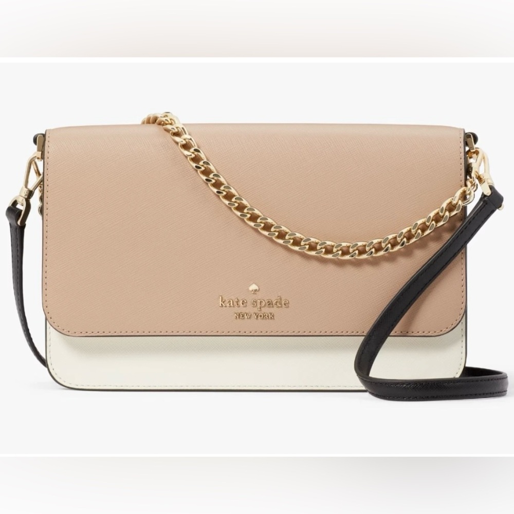 NWOT, Kate Spade Tan, Cream & Black Leather Crossbody Bag with Gold Chain